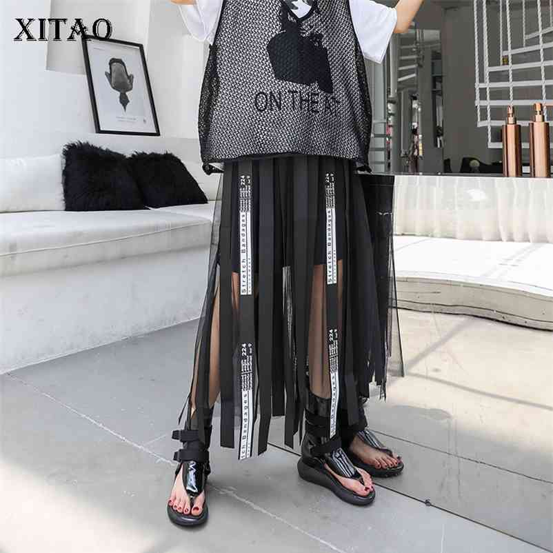 XITAO Mesh Hollow Out Print Letter Long Skirt Women Tape Elastic Waist Black Casual A-line Summer New Korea WLD1084 210412Z