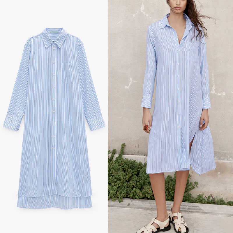 

Za Irregular Striped Shirt Dress Women Long Sleeve Patch Pocket Pleated Office Dresses Side Vents Button Up Midi Dress 210602, Blue