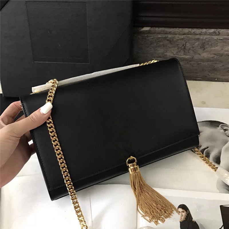

Women Luxury Tassel bag high quality chain handbag Metal letters Cross Body black Messenger Bags, Black 24cm
