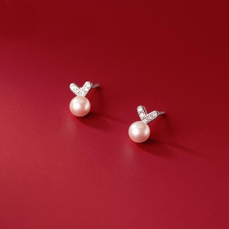 Stud MloveAcc 100% 925 Sterling Silver Lovely Heart-shaped Pearl Inlaid Earrings For Fashion Women Girls Lady Jewelry Gift-image-698384082