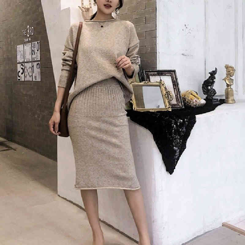 

Two Piece Dress Women's knitted shirt 2 pieces put together neck long sleeve + line in pencil midi skirt vintage winter fashion suit 6TO0, 1# shoe box