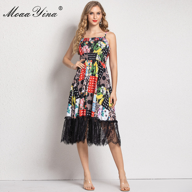 

Fashion Dress Summer Women's dress spaghetti strap Dots Floral Print Lace Bohemia Vacation Dresses 210524, Multi