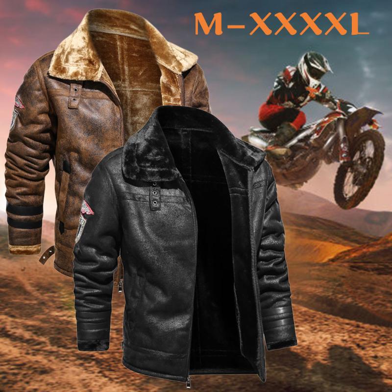 

Men's Trench Coats Leather Jacket Sizes Autumn Winter Vintage Turn-down Collar Solid Imitation Coat Tops Plus Velvet, Black