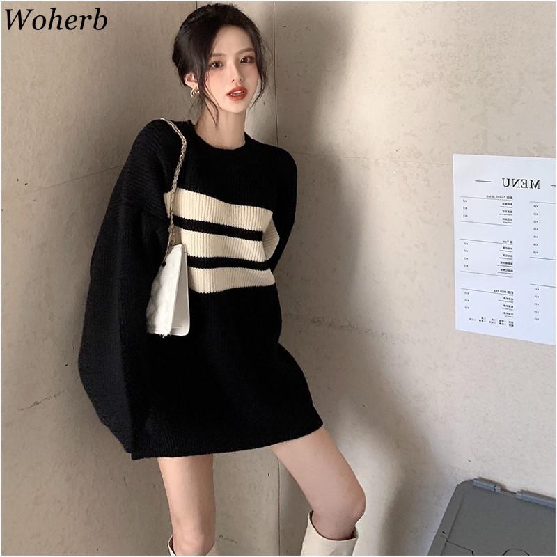 

Women' Sweaters Woherb Vintage Patchwork Striped Sweater For Women O-neck Full Sleeve Loose Female Knitwear Autumn Winter Ladies Knitted To, Black