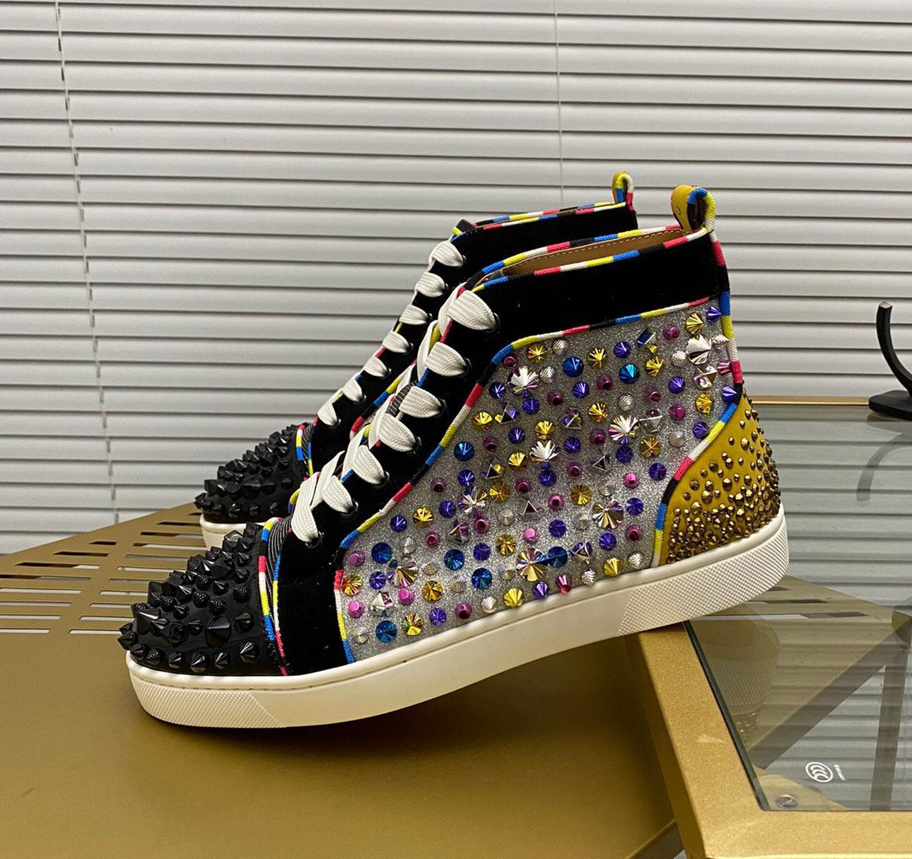 

size 5-14 LOUBOUTIN CHRISTIAN New Men Women Star Studded Casual Shoes Mesh Leather Camouflage Studded bag Combo Stars Metallic Nail sequins, Black