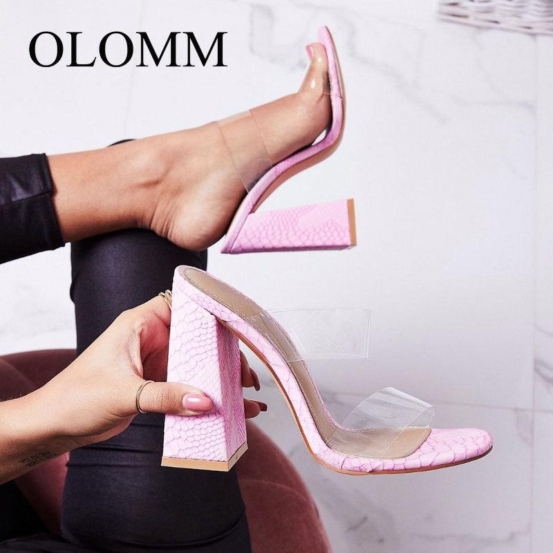 

Slippers OLOMM 2021 Sweet PVC Pink Summer Ladies Female Transparent Casual Square High Heel Slippers-237, Black