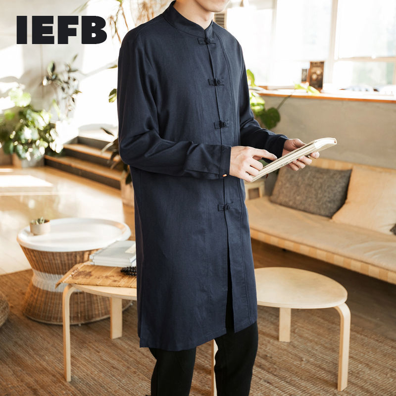 

IEFB Chinese Style Cotton Hemp Large Size Long Shirt Men's Casual Stand Collar Long Sleeve Tang Suit Tops 9Y6032 210524, Navy