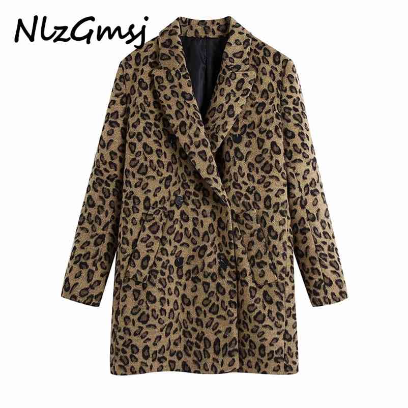 

Women Autumn Winter Leopard Print Woolen Coat Thick Jacket Long Sleeves Pocket Ladies Elegant Overcoat 210628, As picture