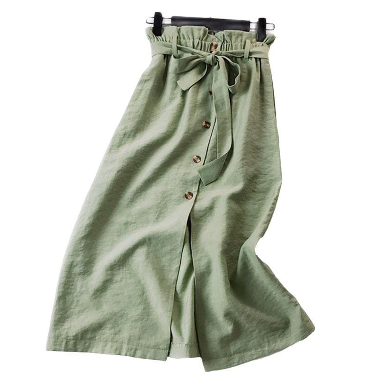 

Skirts Summer Linen Skirt Cotton Black Khaki Green Blue White Elastic Waist Sashes Long Ruffles Womens Casual Midi Aline, White skire