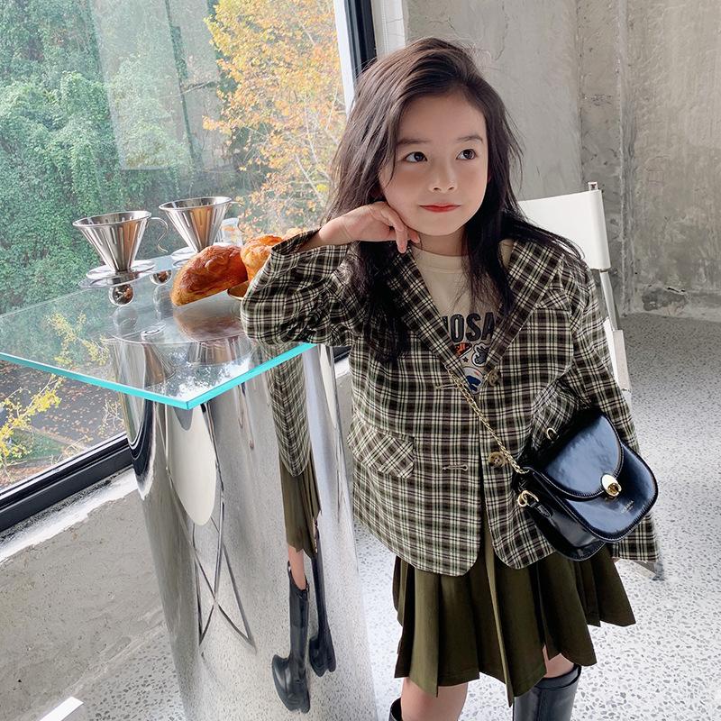 

Jackets 2022 Spring Arrival Girls Fashion Plaid Coat Kids, Blue;gray
