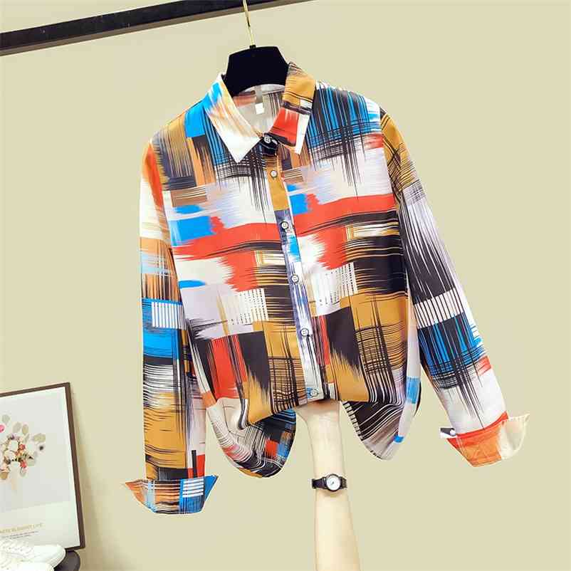 

Luxury Design Autumn Fashion Women's Turn Down Collar Coloful Print Shirt Tops Ladies Long Sleeves Blouses Shirts A3793 210519, Beige
