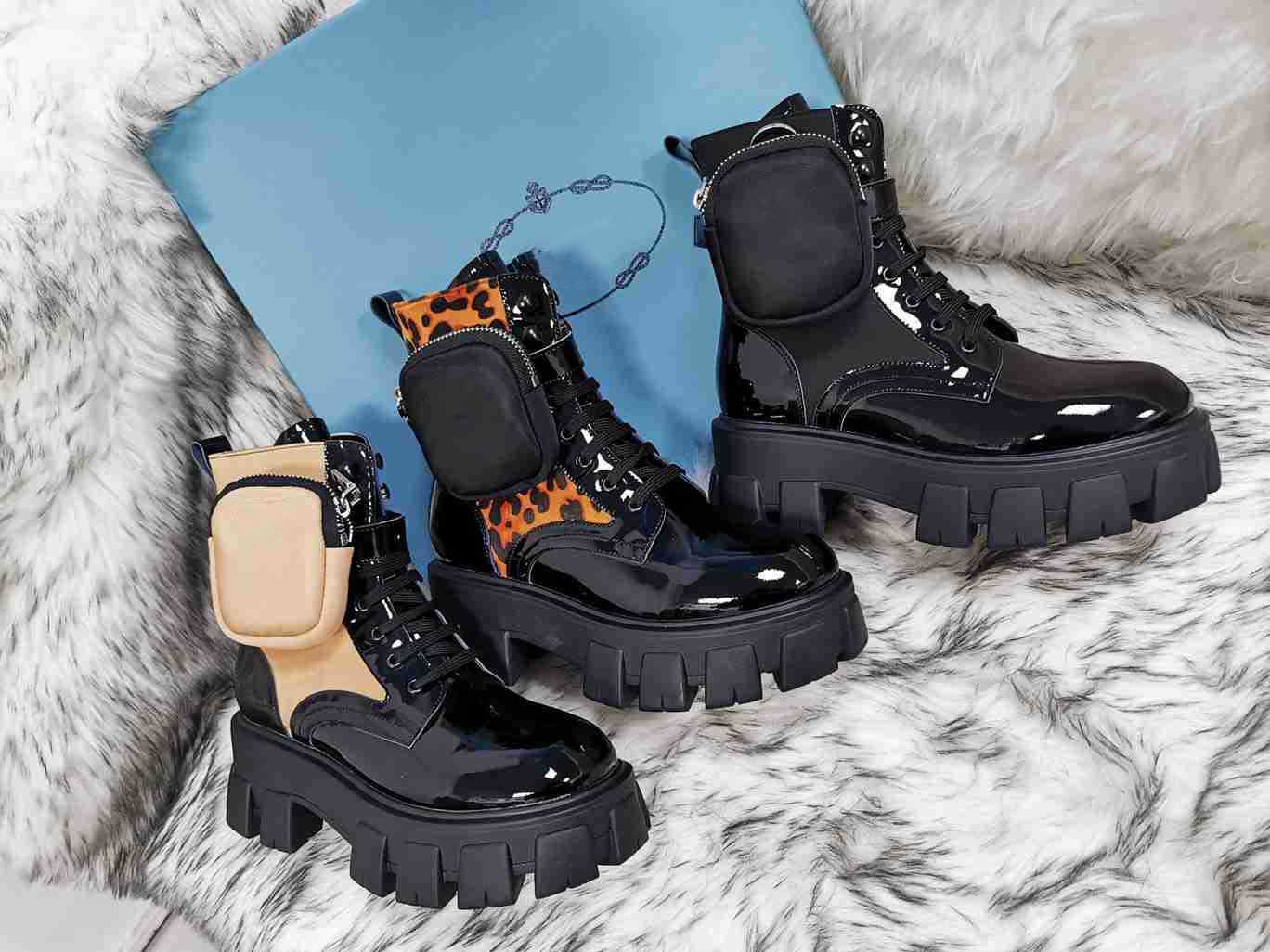 

2021 Designer Shoes Men Women Rois Boots Ankle Boot Nylon Military Inspired Combat Bouch Attached Knight With Bag, Black