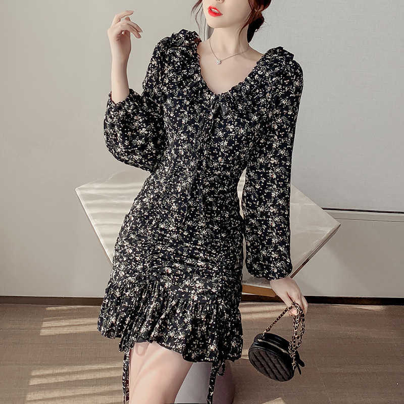 

Dress autumn ladie's slim long-sleeved print bag hip Knee-Length Office Lady 210603, Black