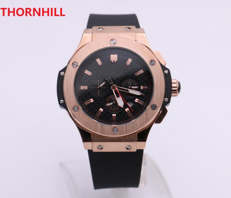 

men's mechanical watch rose gold stainless steel case black dial side ring six needle calendar transparent back cover rubber strap, As pic