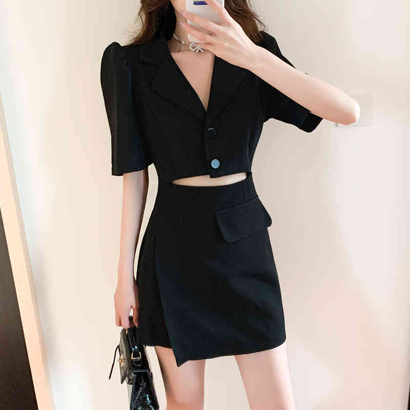 

Sexy Hollow Out Casual Dress For Women Retro Notched Puff Sleeve High Waist Mini Dresses Female Fashion Clothing 210518, Black