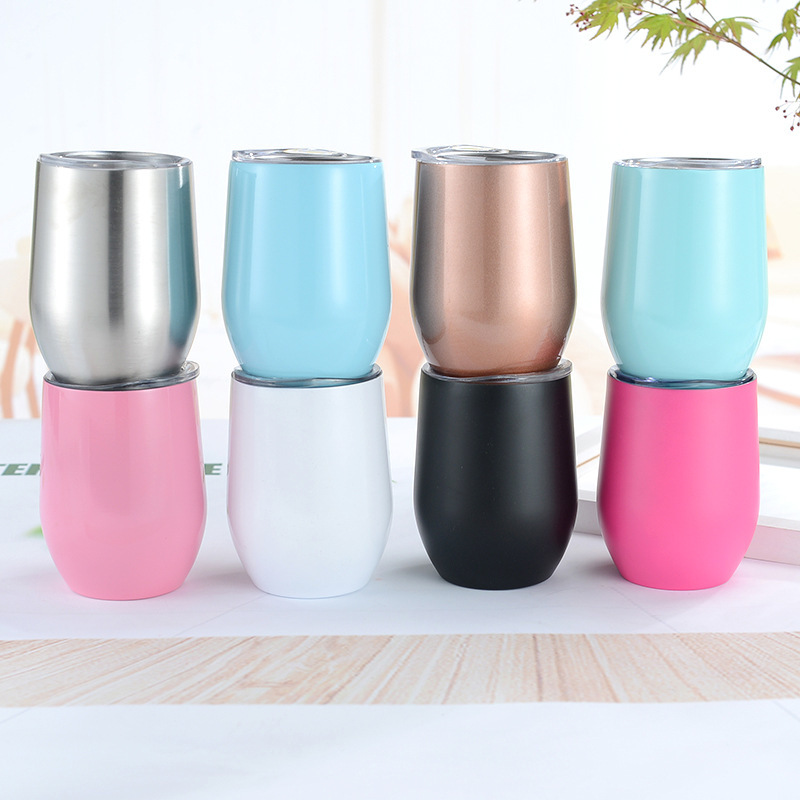 

12oz Stemless Coffee Mug Stainless Steel Tumbler Double Wall Vacuum Beer Juice Eggshell Cup with Metal Straw and Clean Brush