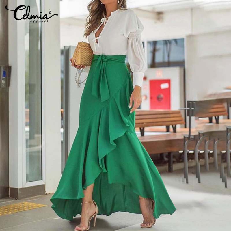 

Summer Women Fishtail Skirts Fashion Party Maxi Skirt Celmia Summer High Waist Belted Casual Loose Asymmetrical Ruffles Skirts, Black