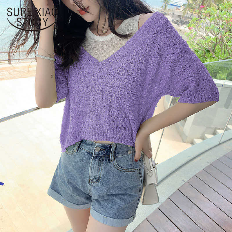 

Summer Splice Two-Piece Short-Sleeve Top Thin Pullover Short Blouse Fashion Korean Loose V-neck Cutout Knitted Blouse Women 9775 210527, Orange