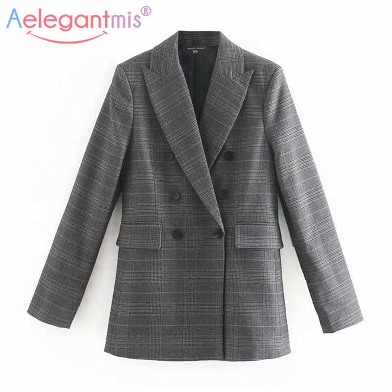 

Aelegantmis Casual Oversized Plaid Blzer Women Office Lady Spring Vintage Female Double Breasted Blazer Jacket OL Outwear 210607, As shown