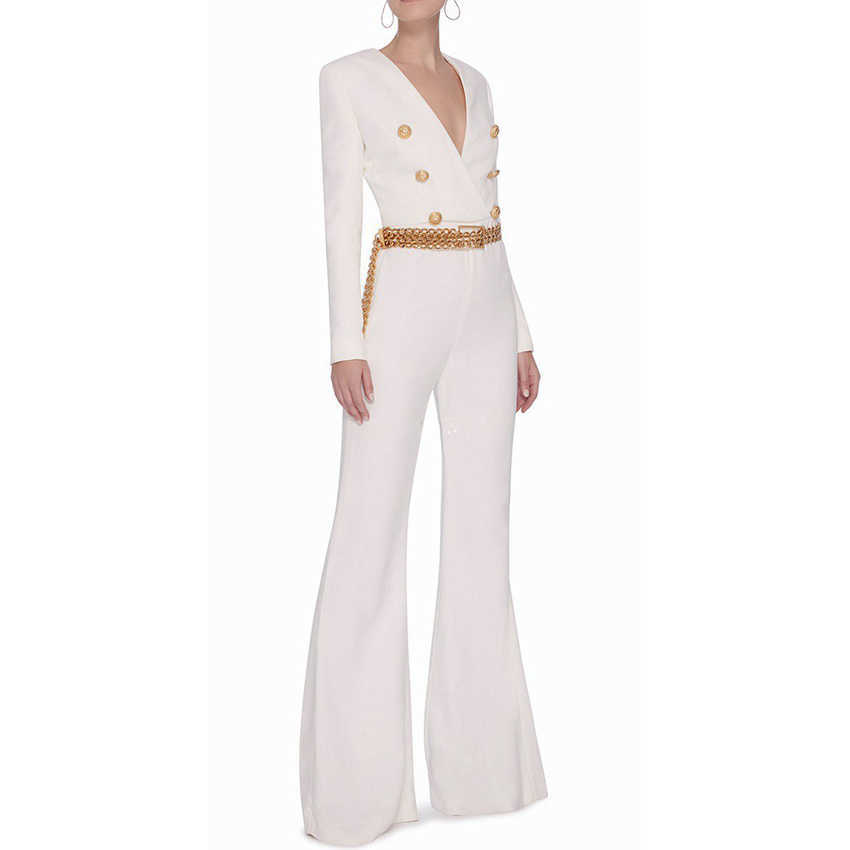 

HIGH STREET est Fashion Designer Jumpsuit Women's Lion Buttons Double Breasted Boot Cut Flare Rompers 210526, Beige