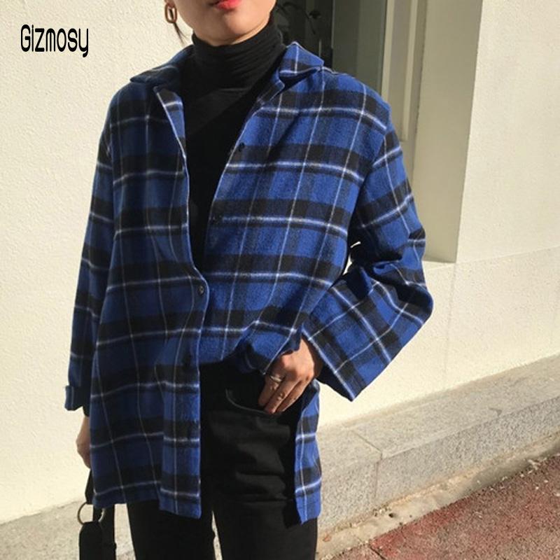 

Women's Jackets Autumn Winter Women Loose Long Sleeve Female Vintage Turn-down Collar Retro Plaid Coat Jacket Blue Green CA6646