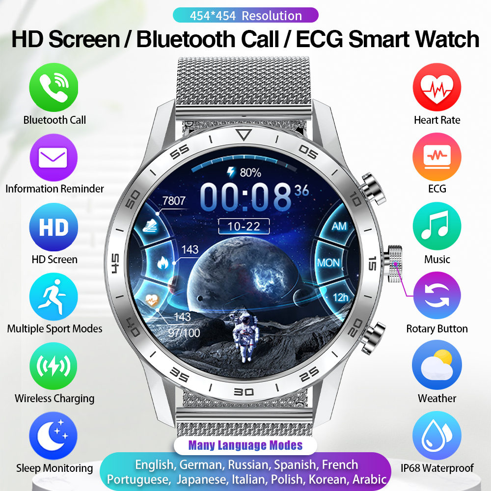 

bluetooth call 454*454 hd 1.39 screen smart watch ECG PPG rotary button wireless charging smartwatch for men long batteryg, Black