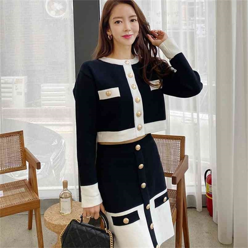 

Autumn Korean Single breasted Cardigan Knitted Sweater 2 Pieces Set Splicing Casual Sheath Skirt Bodycon Suit 210603, Picture color
