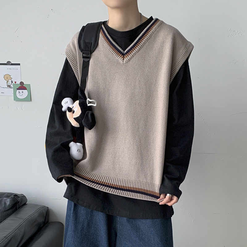 

Casual Japanese Style Men's V-Neck JK Sweater Vest Couple Pullovers Oversize Soft Sleeveless Clothing, Khaki