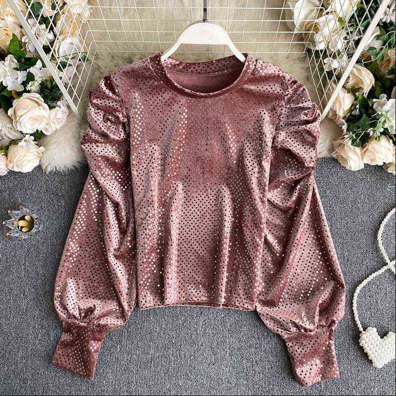 

autumn winter polka dot bottoming women shirt puff sleeve korean style retro blusa velvet female pl516, White
