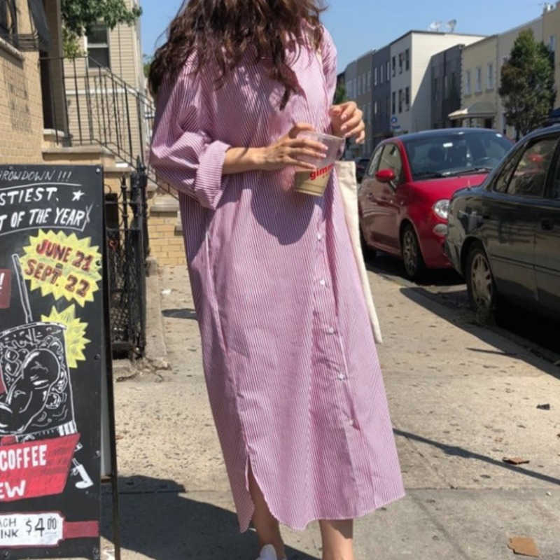 

casual Spring Summer Lapel Stripe Long Shirt Dres Korea Loose Plus Size Casual Cotton Blouse PD972 210603, Blue stripes