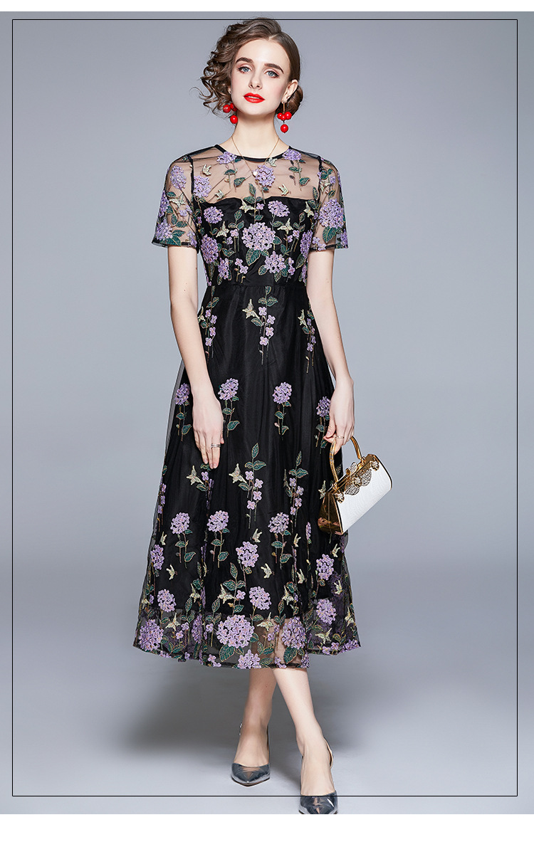 

2021 summer women' street style dresses retro long vintage skirt round neck short sleeve three-dimensional embroidery gauze dress, Black
