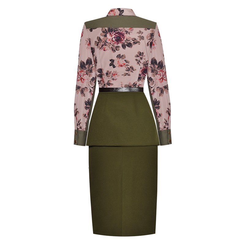 

dress Seqinyy office lady set 2021 spring summer fashion design flowers printed shirt army pockets thin knee skirt, Gray