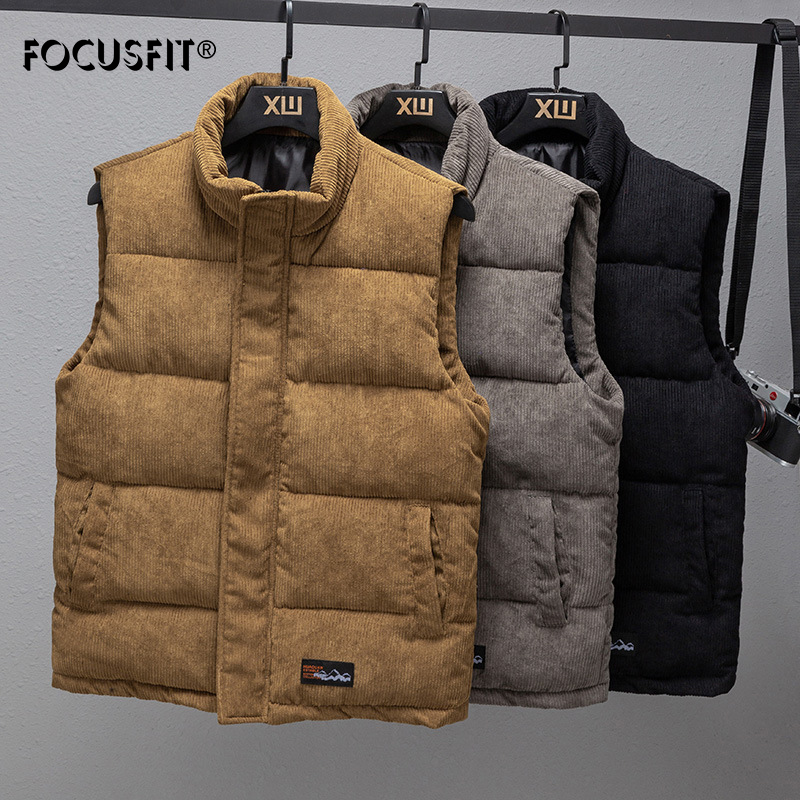 

2021 Autumn and Winter New Style Vest Mens Thick Cotton Jacket Youth Cotton Vest Trendy Fashion Stand-up Collar Corduroy Cotton, Black