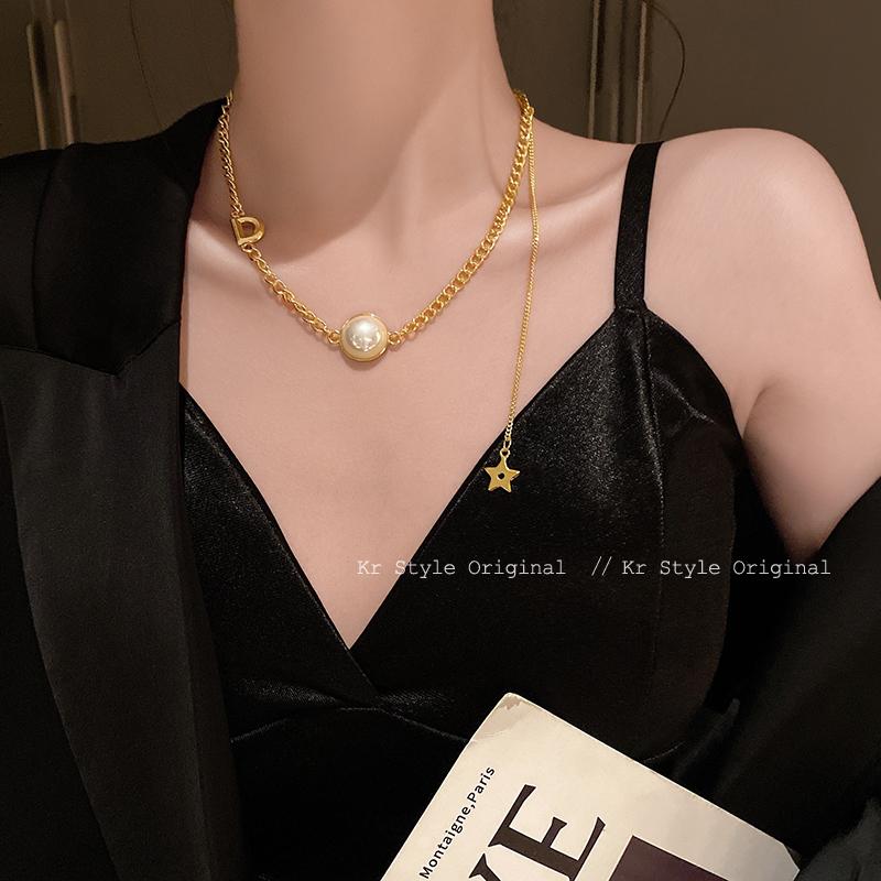 

Chains European And American Letter Metal Pearl Side Chain Necklace Women's Pendant Light Luxury Design Clavicle Neck, Silver