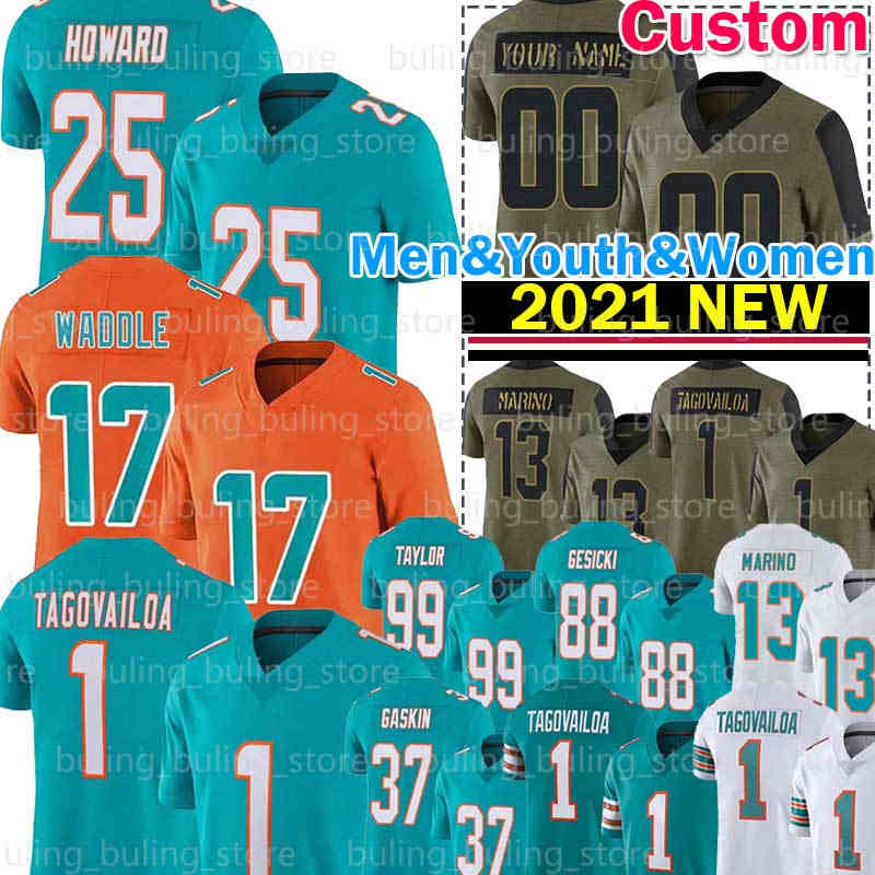 

1 Tua Tagovailoa Jersey Xavien Howard Jevon Holland Dan Marino Mike Gesicki Football Jaelan Phillips Jaylen Waddle DeVante Parker Myles Gaskin Will Fuller V Ginkel, Custom men 2021 new jersey (h t)