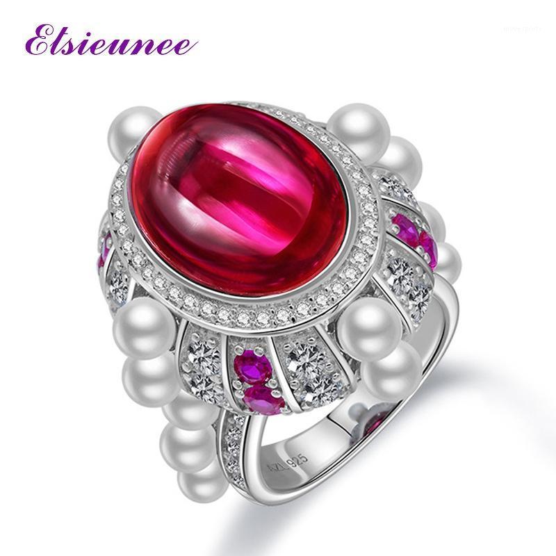 

Cluster Rings ELSIEUNEE Vintage 100% Solid 925 Sterling Silver Oval Ruby Pearl Gemstone Wedding Engagement Diamond Ring Wholesale Fine Jewel1