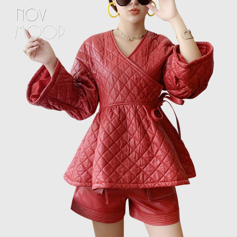 

Women's Leather & Faux Novmoop Korean Casual Chic Style Red Trumpet Sleeve Cotton Liner Sheepskin Genuine Women Coat Chaqueta Mujer LT2906