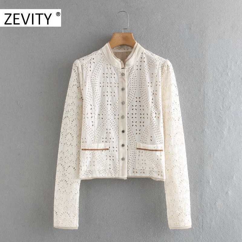 

ZEVITY women vintage hollow out embroidery chiffon patchwork shirt coat female long sleeve breasted coats casual chic tops CT572 210603, As pic ct572cc