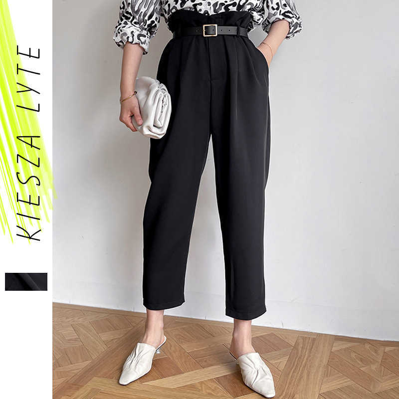 

Women Bud Pant Spring Summer Ladies Office Solid Casual Trousers Black Ankle-Length Female 210608