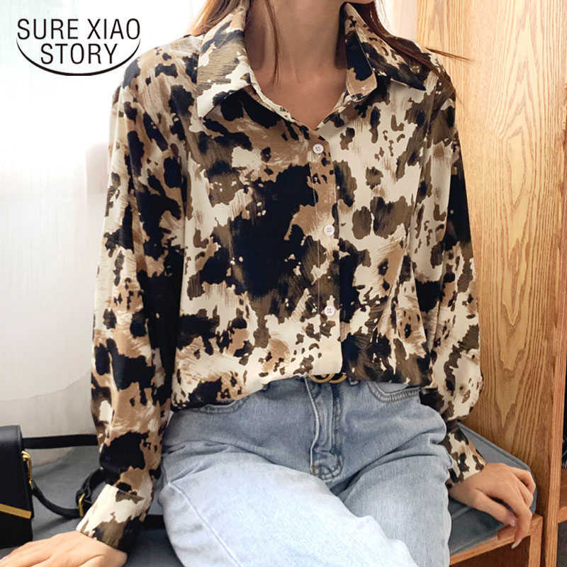 

Spring Long Sleeve Ink Smudge Chiffon Shirts Vintage Print Women Blouses Fashion Loose Cardigan Tops Clothes Blusas 9148 50 210527, Brown