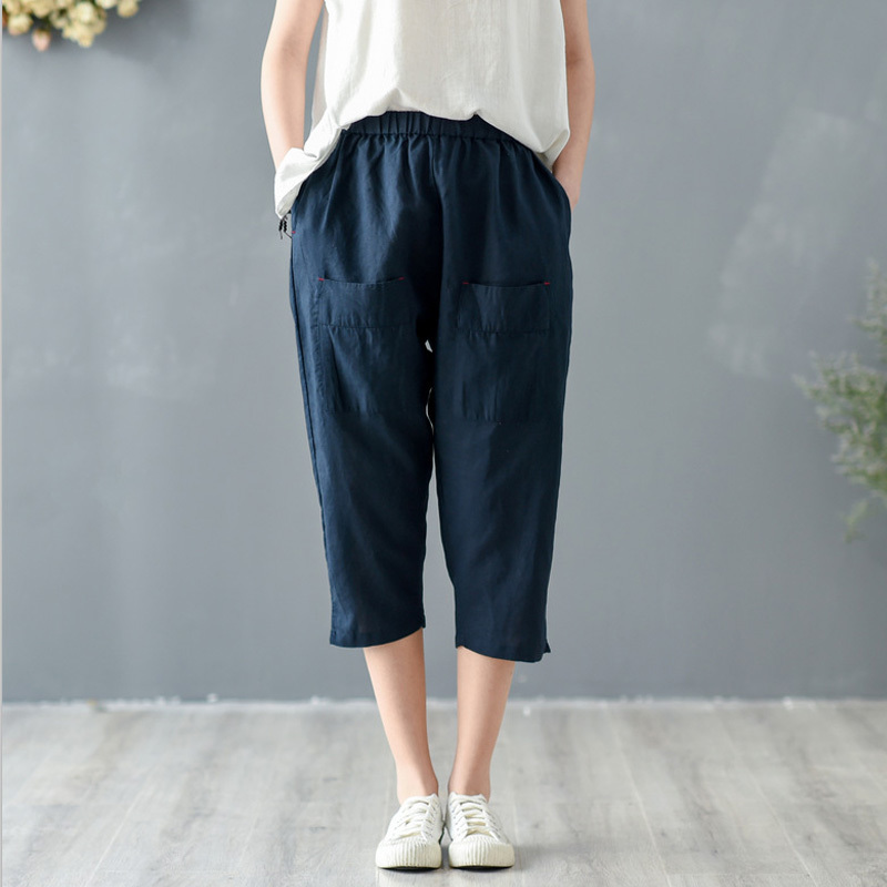 

Johnature Summer Cotton Linen Women Pants Elastic Waist Pockets Solid Color Casual Trouser Vintage Women Calf Pants 210521, White