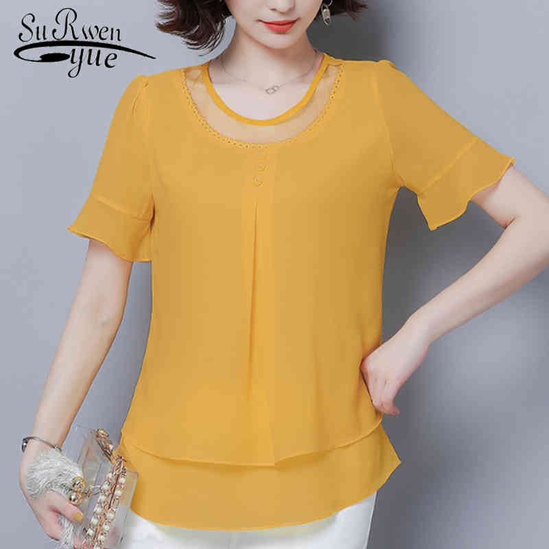 

Plus Size Chiffon Blouse Summer Short Sleeve Women Shirts Blusas Mujer De Moda O-neck Solid Top Female 5066 50 210521, Yellow