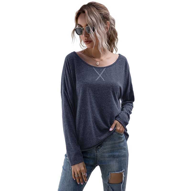 

Summer Long Sleeve T Shirt For Women Clothes O-neck Plus Size Fashions Loose Casual Ladies Tops Off Shoulder Tee Shirt Femme 210608, Light grey