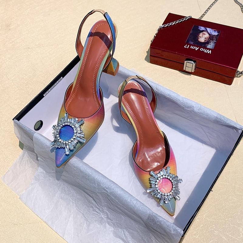 

Dress Shoes Colorful Woman Sun Flower Zapatos De Mujer Rhinestone Thin High Heels Pointed Toe Ladies Ankle Buckle Party Dresses, As pic