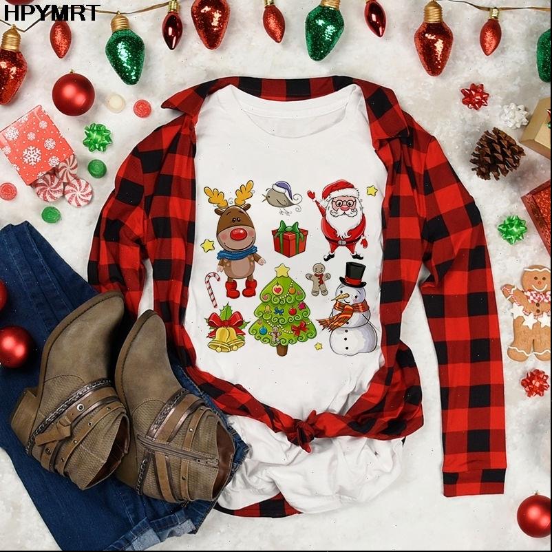 

santa claus and reindeer printed women t shirt christmas fashion casual short sleeve female clothing, White