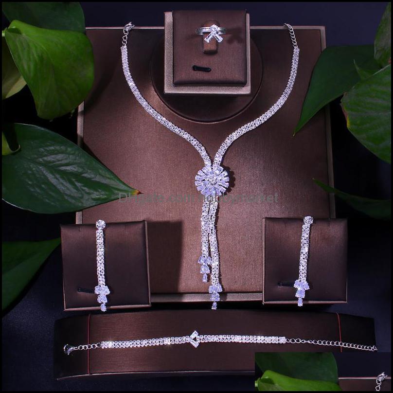 

Earrings & Necklace Jewelry Sets 4Pcs Jewellery Set Wedding Aessories Bride For Women Luxury Cubic Zirconia Ring And Bracelet Drop Delivery, As pic
