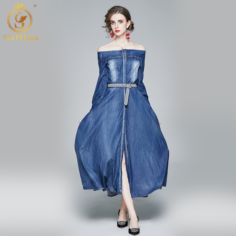 

Women Autumn And Winter Elegant Soft Denim Dress High Quality Sexy Off Shoulder Femme Runway Designer Casual Long Vestidos 210520, Photo color
