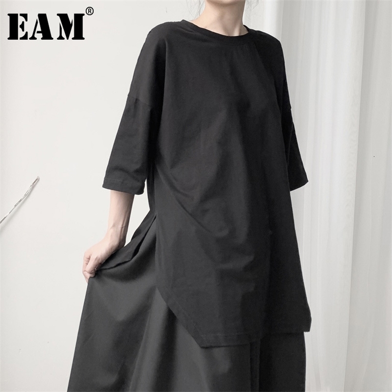 

[EAM] Women Black Hem Vent Big Size T-shirt Round Neck Three-quarter Sleeve Fashion Spring Autumn 19A-a628 210708, White