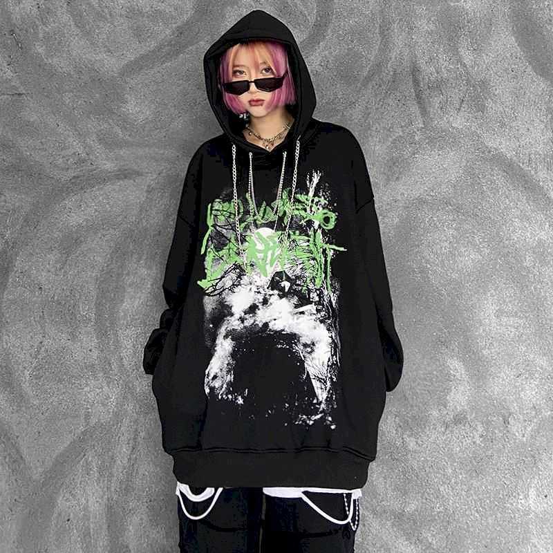 

Dark funeral Hoodies letter print necklace hooded plus velvet Sweatshirt men women loose oversize high street punk streetwear 210526, Black thick