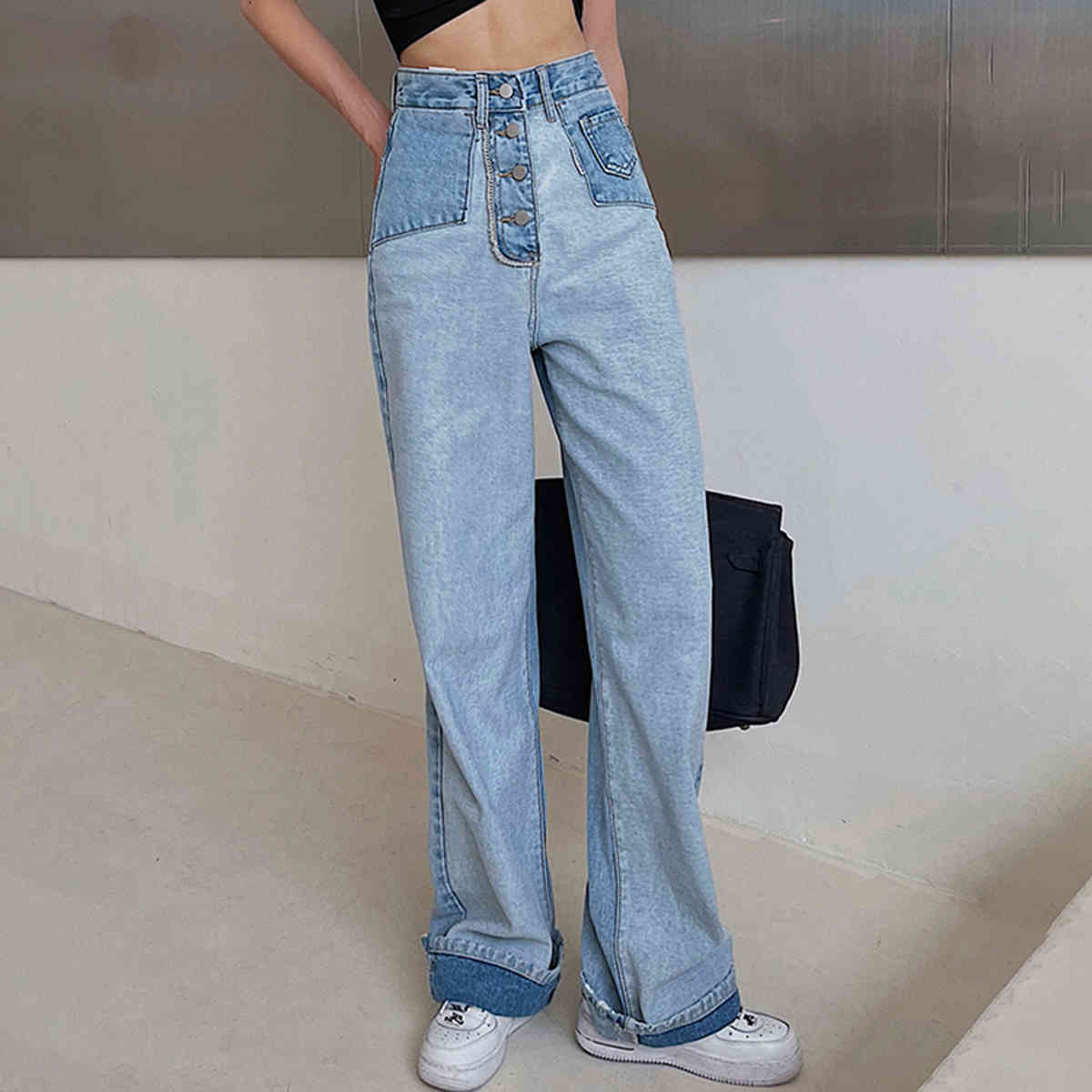 

women's pants & capris you'll see shredded vintage denim brem pants women high waist buttons loose breeches casual chic y2k ic4h, Black;white